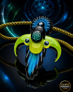 Hand-blown heady glass pendant by Mongrel Glass. Featuring dichroic sacred geometry. Hanging from a paracord necklace.