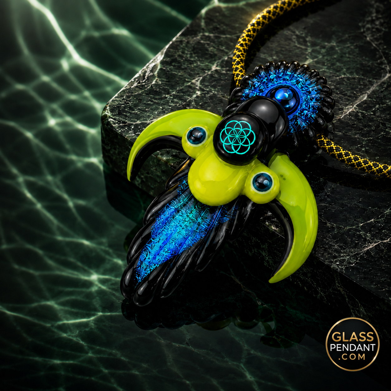 Hand-blown heady glass pendant by Mongrel Glass. Featuring dichroic sacred geometry. Hanging from a paracord necklace.