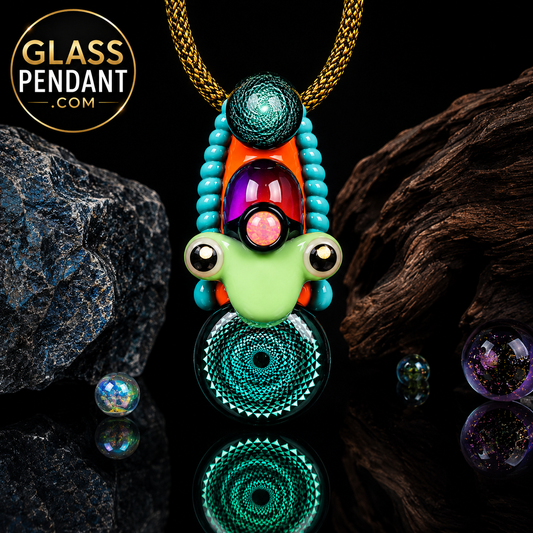 Hand-blown heady glass pendant by Mongrel Glass. Featuring dichroic sacred geometry, an encased glass marble, and an opal gemstone. Hanging from a paracord necklace.