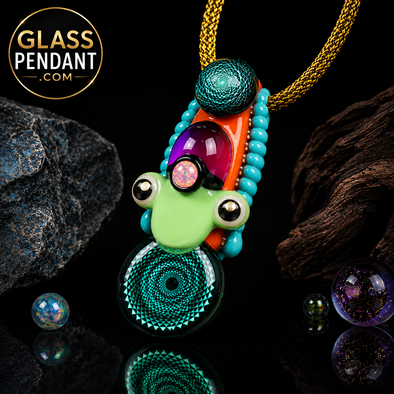 Hand-blown heady glass pendant by Mongrel Glass. Featuring dichroic sacred geometry, an encased glass marble, and an opal gemstone. Hanging from a paracord necklace.