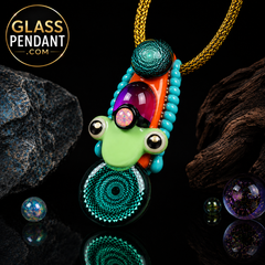 Hand-blown heady glass pendant by Mongrel Glass. Featuring dichroic sacred geometry, an encased glass marble, and an opal gemstone. Hanging from a paracord necklace.