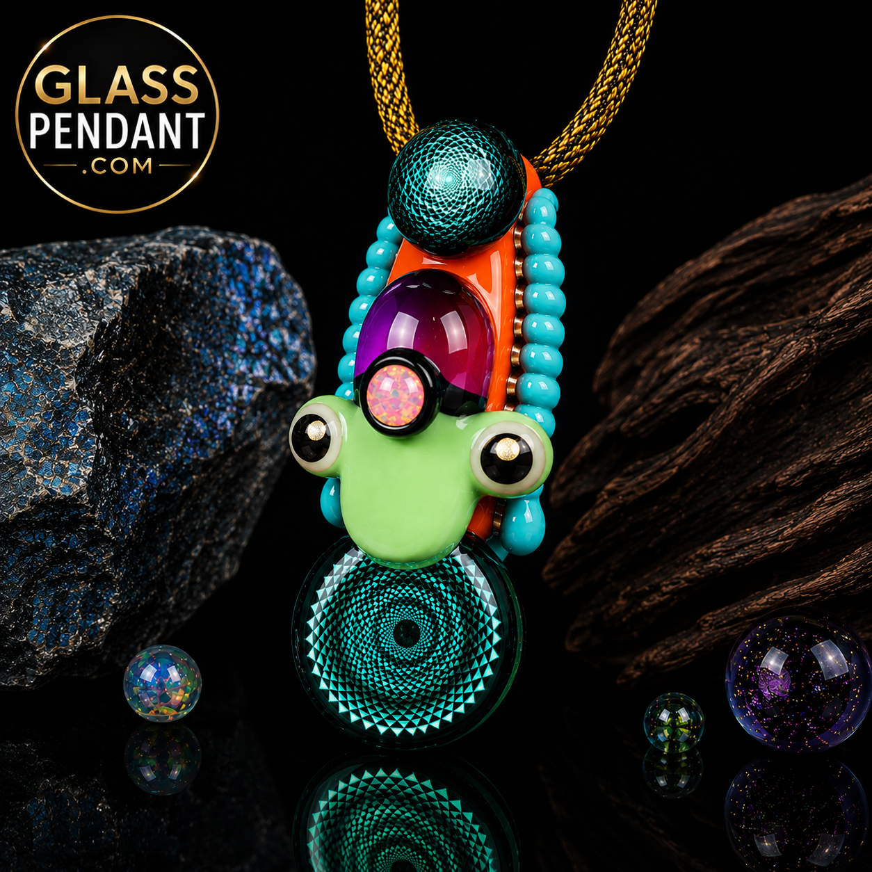 Hand-blown heady glass pendant by Mongrel Glass. Featuring dichroic sacred geometry, an encased glass marble, and an opal gemstone. Hanging from a paracord necklace.