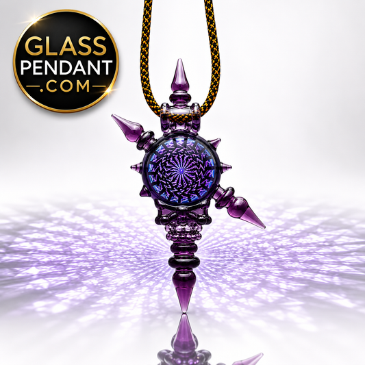 Hand-blown heady glass spiked deadhead skull pendant by @neebsglass. Featuring dichroic sacred geometry, and purple lollipop glass. Hanging from a paracord necklace.