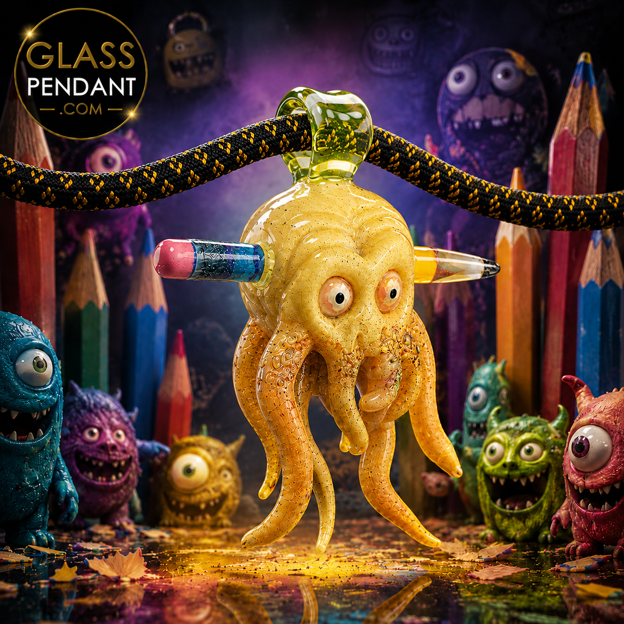 Hand-blown heady glass pencil monster  cthulu collab pendant by @sherbetglass x @zinkglass. Hanging from a paracord necklace.