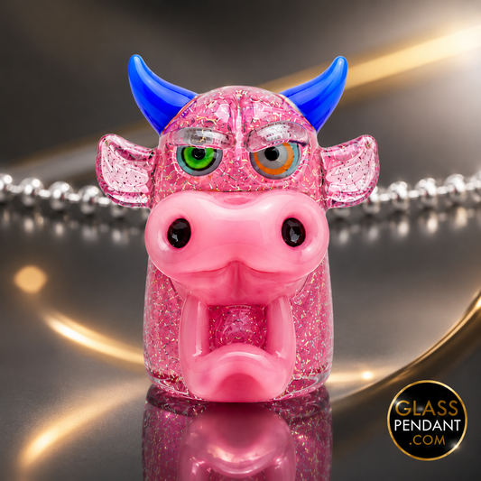Hand-blown heady glass cow pendant by Robert Morrison. Featuring crushed opal glass. Hanging from a ball chain necklace. 