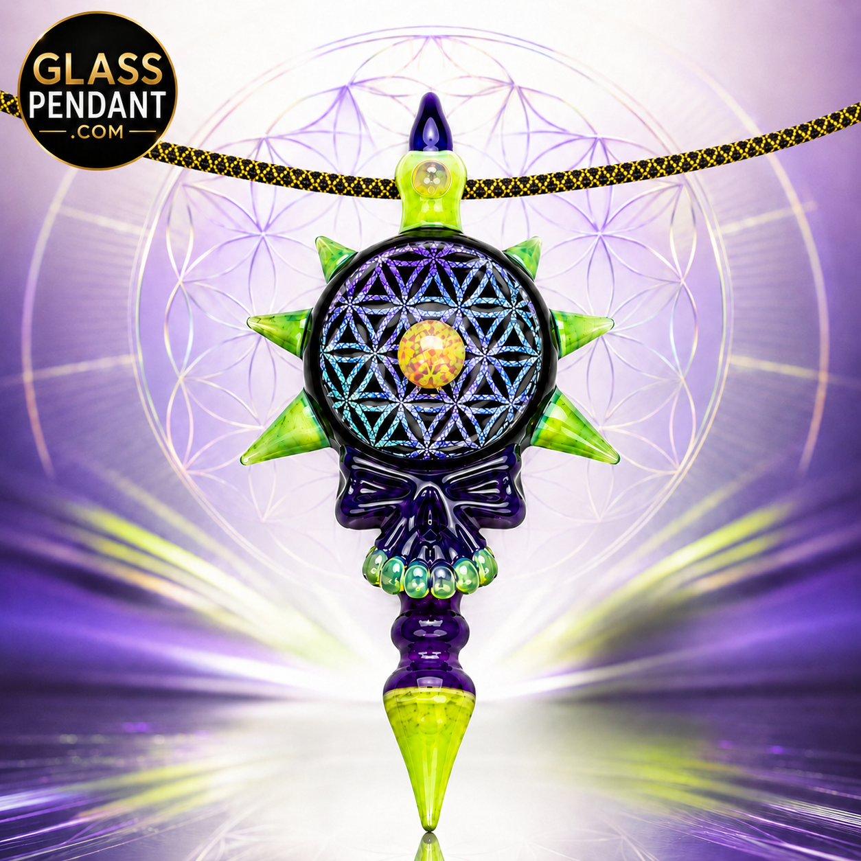 Hand-blown heady glass spiked deadhead skull pendant by @neebsglass. Featuring dichroic sacred geometry, slime glass, purple lollipop glass, and a center opal coin. Hanging from a paracord necklace.