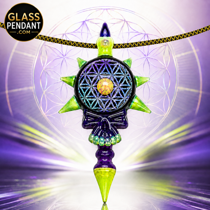 Hand-blown heady glass spiked deadhead skull pendant by @neebsglass. Featuring dichroic sacred geometry, slime glass, purple lollipop glass, and a center opal coin. Hanging from a paracord necklace.