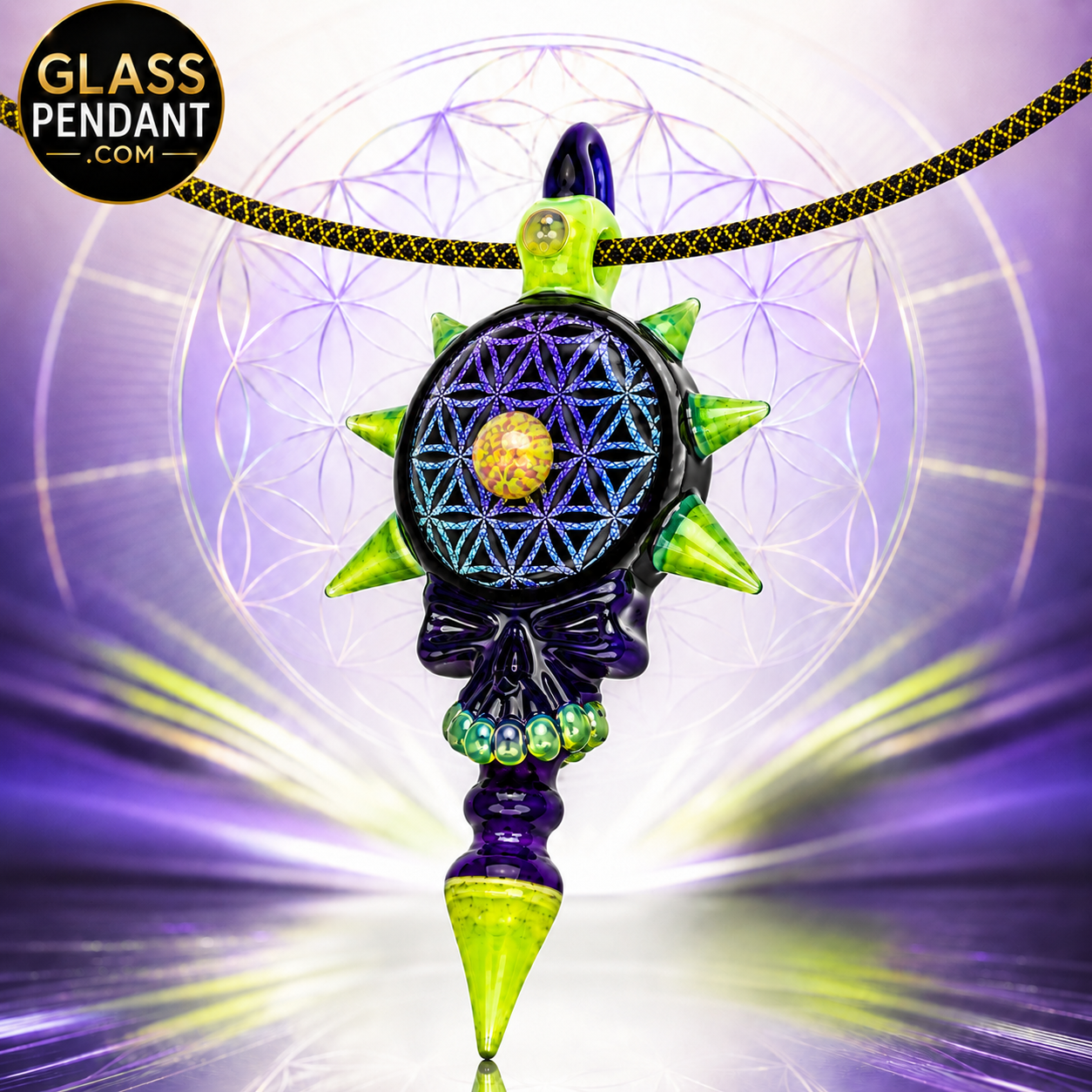 Hand-blown heady glass spiked deadhead skull pendant by @neebsglass. Featuring dichroic sacred geometry, slime glass, purple lollipop glass, and a center opal coin. Hanging from a paracord necklace.