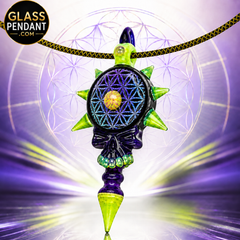 Hand-blown heady glass spiked deadhead skull pendant by @neebsglass. Featuring dichroic sacred geometry, slime glass, purple lollipop glass, and a center opal coin. Hanging from a paracord necklace.