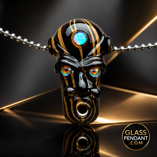 Hand-blown heady glass 4-face shaman pendant by @upgradeglass. Featuring woodgrain finish, and 2 third eye opals. Hanging from a ball chain necklace. 