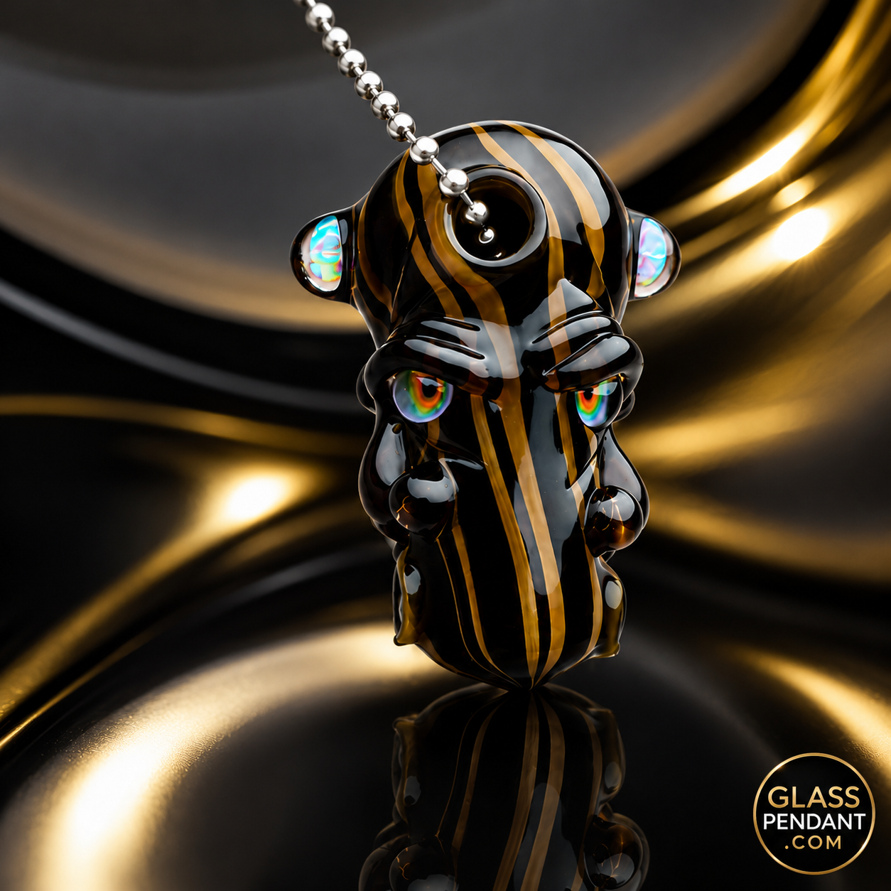 Hand-blown heady glass 4-face shaman pendant by @upgradeglass. Featuring woodgrain finish, and 2 third eye opals. Hanging from a ball chain necklace. 