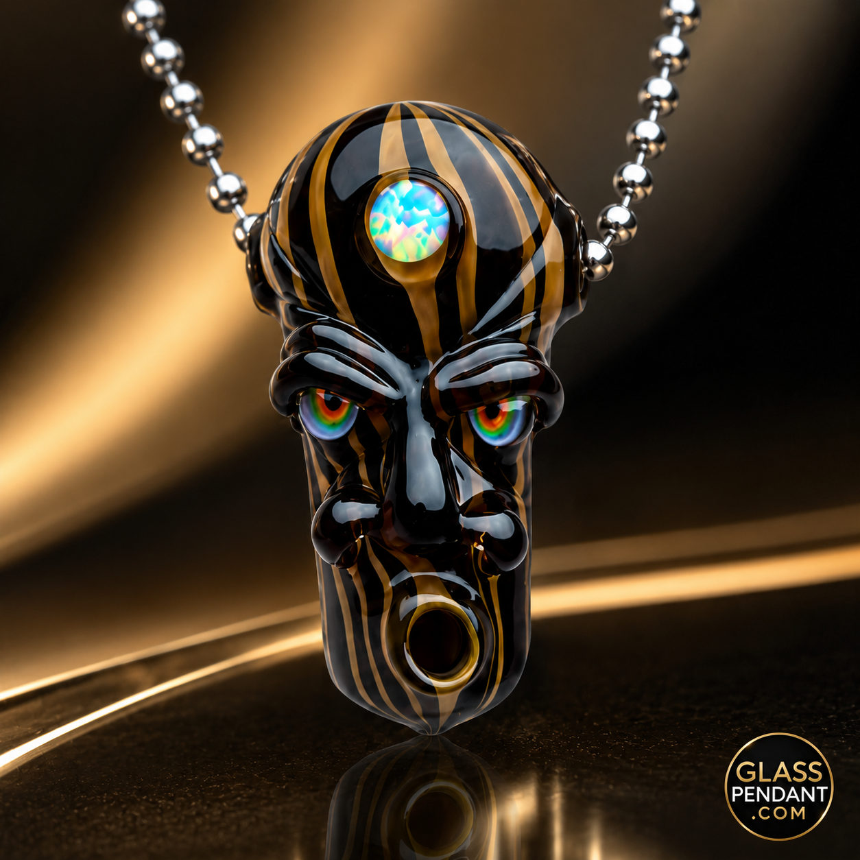 Hand-blown heady glass 4-face shaman pendant by @upgradeglass. Featuring woodgrain finish, and 2 third eye opals. Hanging from a ball chain necklace. 