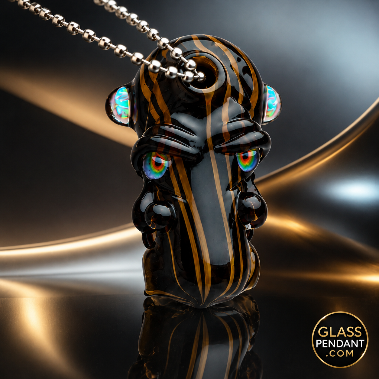 Hand-blown heady glass 4-face shaman pendant by @upgradeglass. Featuring woodgrain finish, and 2 third eye opals. Hanging from a ball chain necklace. 